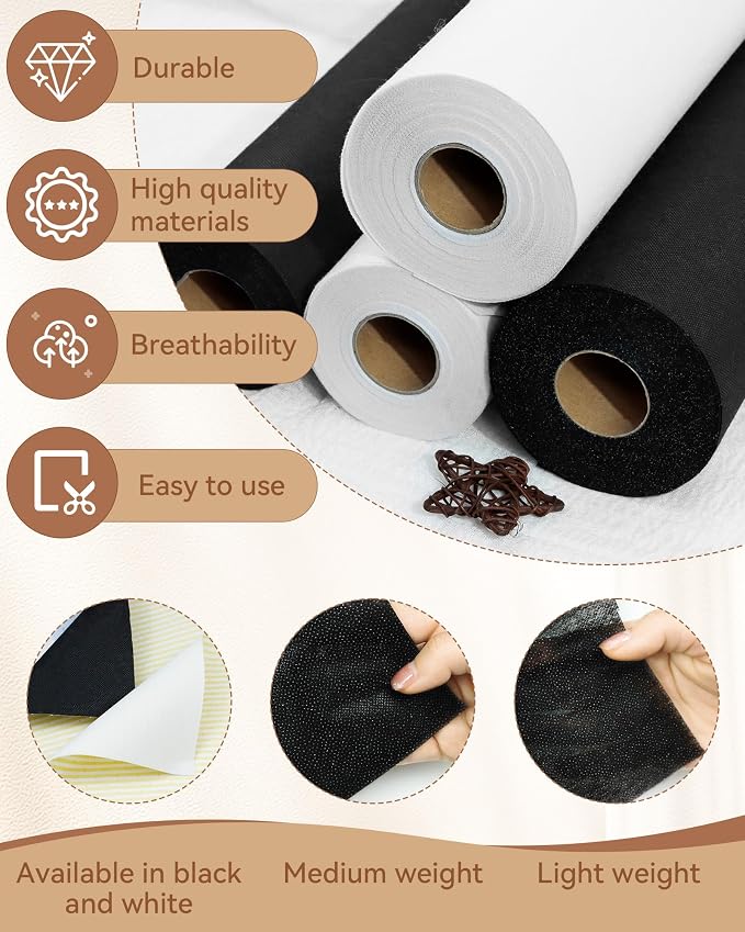 FIVEIZERO Medium Weight Non-Woven Fusible Interfacing for Sewing-12in×30yd