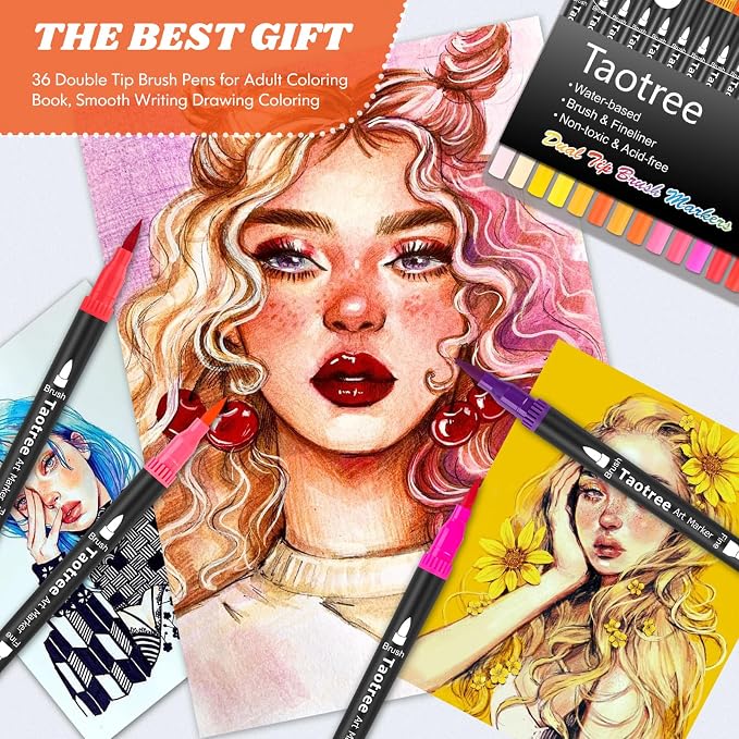 Taotree 36 Colors Dual Tip Art Markers Pens Set for Adult Coloring Books | Artist Fine & Brush Tip Coloring Markers Drawing Pens for Journaling Note Taking Lettering Calligraphy Craft Art Supplies Set