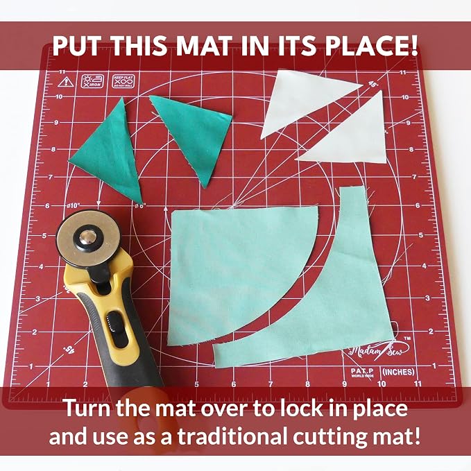 Madam Sew 12"×12" Rotating Self-Healing Cutting Mat — 360° Spin with Locking Base | Grid, Bias & Angle Lines | Non-Slip Rotating Cutting Mats for Quilting, Fabric, Sewing & Rotary Cutter Precision