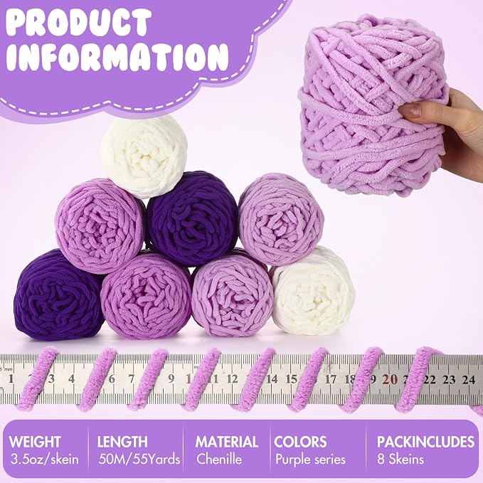 Buryeah 8 Pack Chunky Chenille Yarn for Crocheting, Purple Series