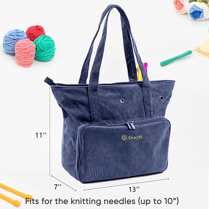 MYBAGZING Large Yarn Tote Organizer – Corduroy Knitting Storage Holder for Yarn, Hooks & Accessories, Portable Craft Carryall for Crocheting Lovers, Mother’s Day Gift