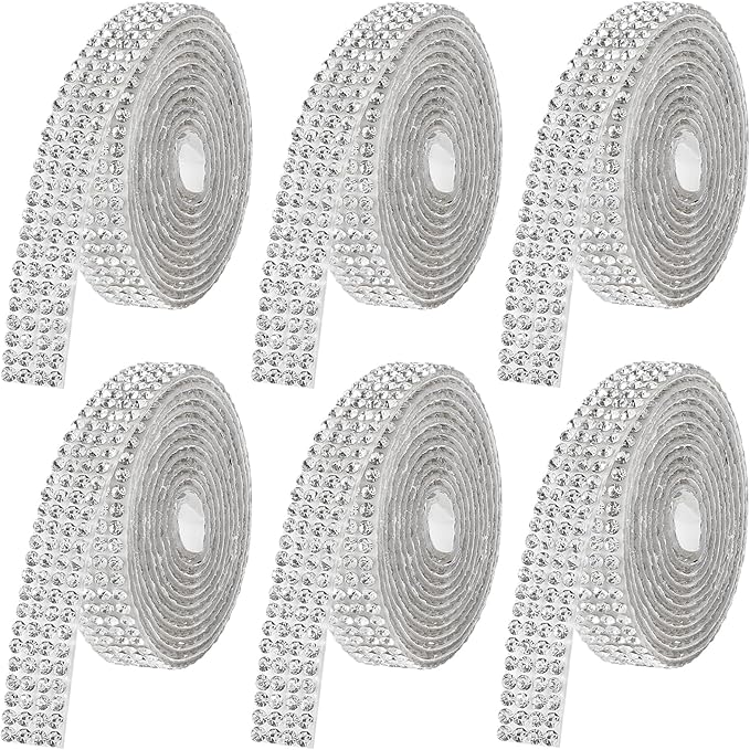 Rhinestone Ribbon Self Adhesive Crystal Rhinestone, 6-Yard Bedazzling Strips, 6-Rolls Rhinestones Strips for DIY Craft, Rhinestones Tape Self Adhesive, Transparent Crystal Color