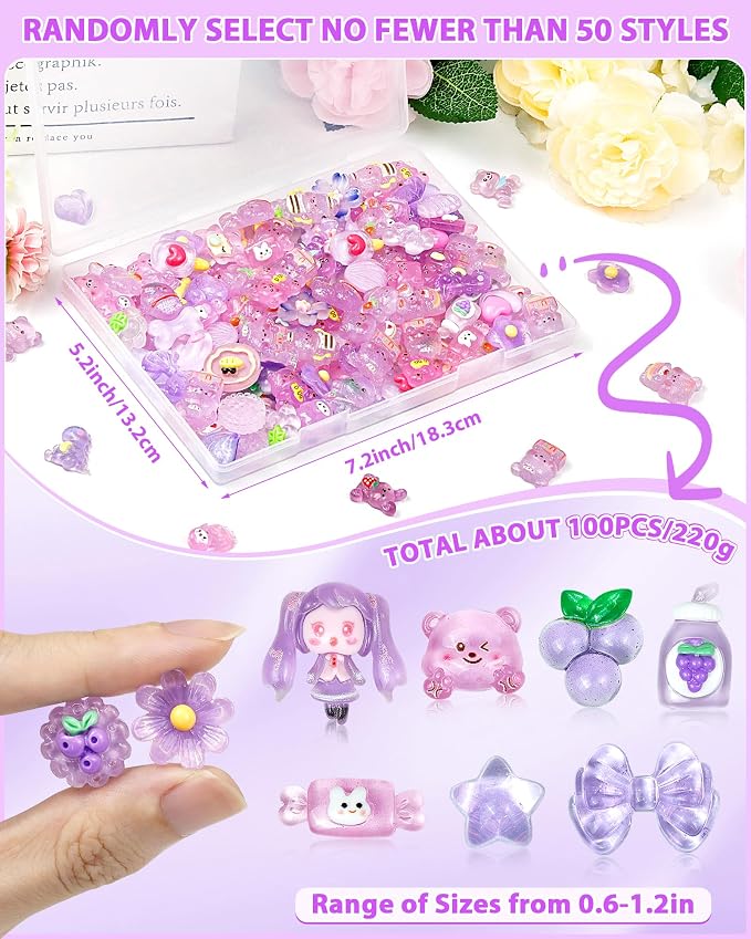 FIVEIZERO 100PCS Cute Slime Charms, Kawaii Flatback Resin Charms | 50+ Unique Designs, Glittery Finish, Easy to Glue, Lightweight and Durable, Perfect for DIY Decoration
