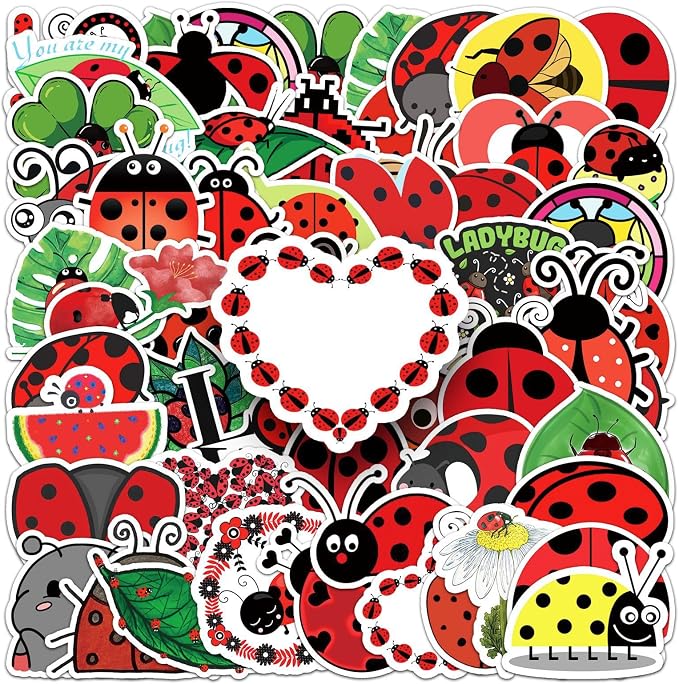 50Pcs Waterproof Ladybug Stickers, Cute Ladybird Vinyl Decals for Water Bottle, Laptop, Luggage, Skateboard, Scrapbooking, DIY Decor (Ladybug)