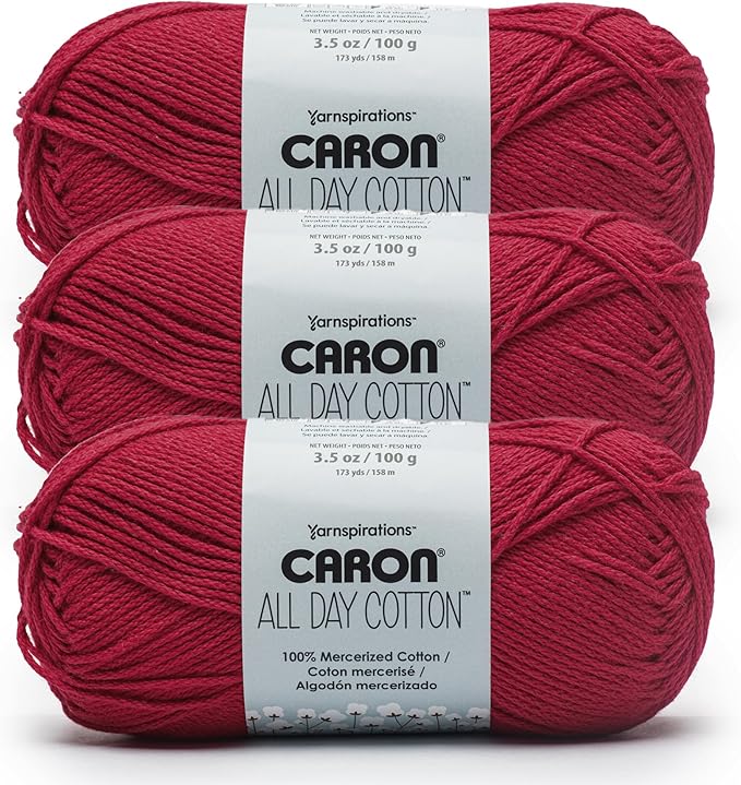 Caron All Day Cotton Yarn for Crocheting, Red Lip, 3-Pack | #4 Worsted Yarn, 100% Mercerized Cotton, Soft Crochet Yarn for Knitting, Amigurumi & Crafts, 173yds, 100g/3.5oz per skein