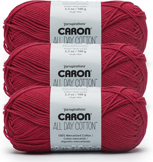 Caron All Day Cotton Yarn for Crocheting, Red Lip, 3-Pack | #4 Worsted Yarn, 100% Mercerized Cotton, Soft Crochet Yarn for Knitting, Amigurumi & Crafts, 173yds, 100g/3.5oz per skein