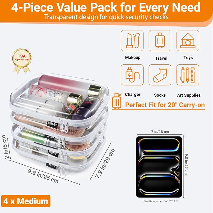 YQBRAO Clear Hard Shell Zipper Cases, 4 Medium Makeup Organizers, White