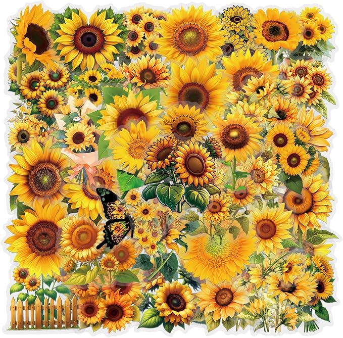 60Pcs Sunflower Stickers,Transparent Sunflower PET Sticker | Colorful Waterproof for Laptop,Guitar, Phone,Water Bottles,Stationery, Luggage Scrapbooking, Water Bottlesr Refrigerator