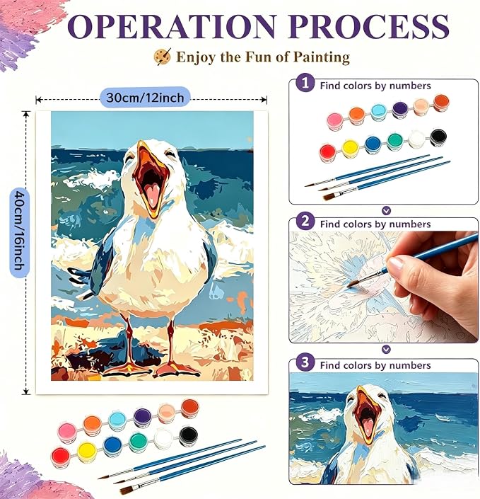 BYGFHLYW Funny Seagull Beach Ocean Paint by Numbers Kit for Adults Canvas | Coastal Seaside Easy Adult Paint by Number Kits On Canvas, DIY Acrylic Oil Painting Kits for Animal Home Wall Decor 12x16Inch