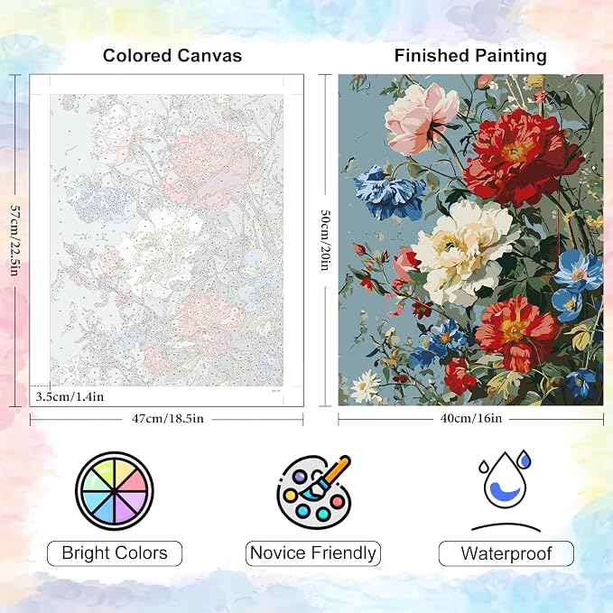 Yezavesu Flowers Paint by Numbers Kit for Adults Without Frame 16x20 in | Vintage Flowers Paint by Numbers for Adults Beginner, DIY Acrylic Painting, Stress Relief Craft Kits, Home Wall Decor Gift