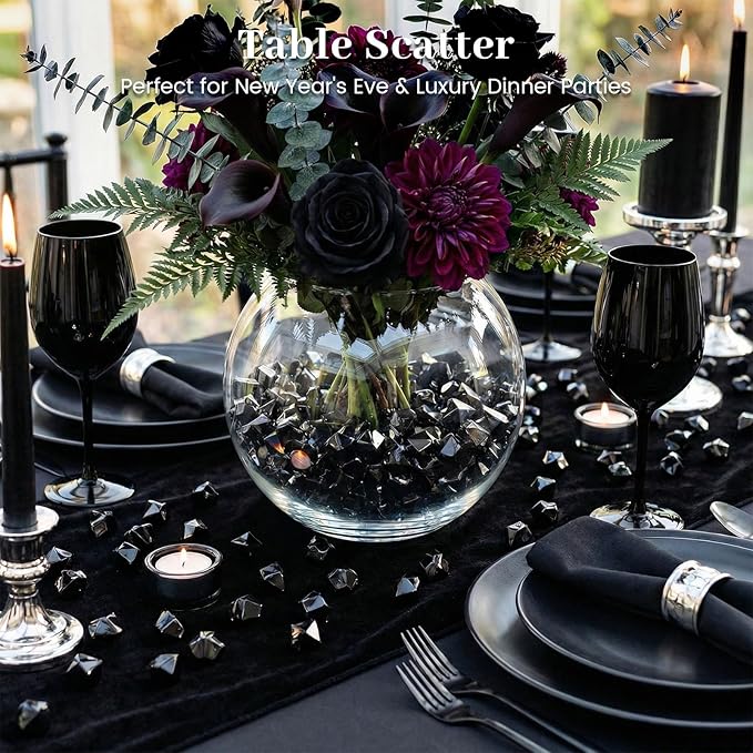 DOMESTAR Black Fake Ice Rocks, 150 PCS Acrylic Crystal for Vase Fillers