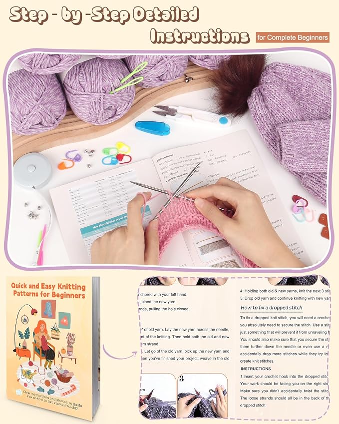 Katech Knitting Kit for Beginners Adults-Beginners Knitting Kit for Kids | Learn to Knit Kits for Adult Beginner Kids w/Step-by-Step Instruction-Complete Hat Scarf Gloves Knitting Starter Kit