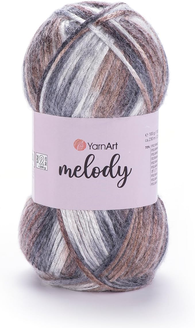 YarnArt Melody Variegated Chainette – Metallic Sheen Fiber for Knitting, Crochet & Embroidery, 100g (3.5 oz) Skein, 230m (251 yd), Premium Blend of 70% Polyamide 21% Acrylic 9% Wool (907)