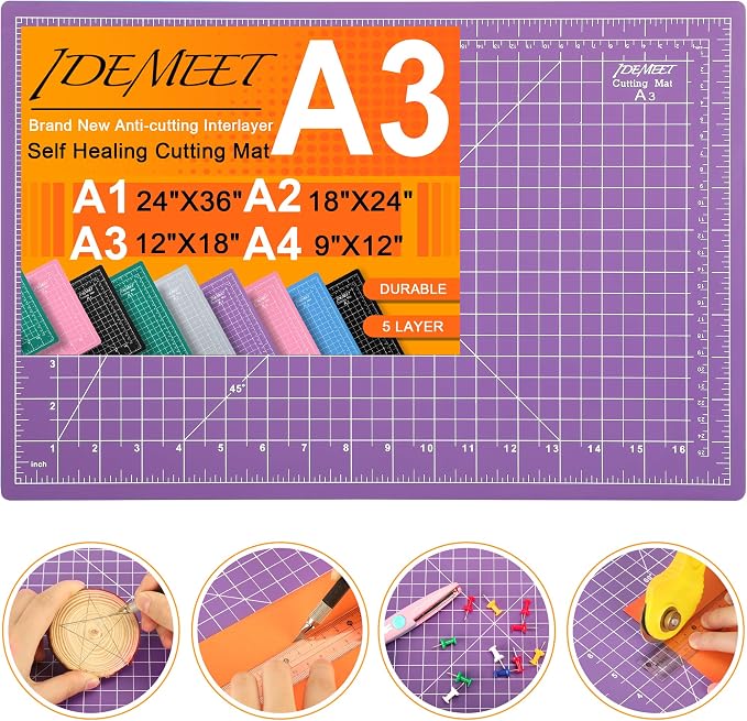 Thickened 18"x12" Self Healing Cutting Mat, Idemeet Rotary Cutting Sewing Mat for Crafts, 5-Ply Blade Table Protector Cut Board for Fabric Leather Cutting Quilting Modeling Hobby Project, A3, Purple