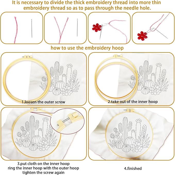 BEUNITONE Cactus Embroidery Kit for Beginners, 6PC Succulent Plant Themed Needlepoint Kits for Adults with Hoops, Threads, Needles, Instructions and Full Kits, DIY Home Decor Craft Gift for Adults