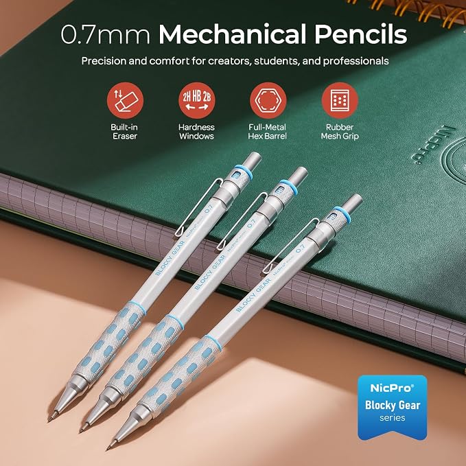 Nicpro Blocky Gear Mechanical Pencils 0.7 mm with Case, 3 Pack