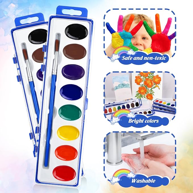 20 Pack Watercolor Paint Set Bulk for Kids, 8 Colors Washable Water Colors | Non-Toxic Water Paint with Paintbrush, Water Color Paint Set for Kids, Beginners and Adults, Ideal for Party Favor, Classroom
