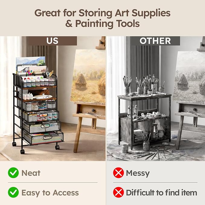 Homsorout Rolling Art Cart with 4 Drawers, Rustic