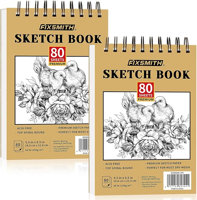 FIXSMITH 5.5"X8.5" Sketch Book, 160 Sheets (68 lb/100gsm), 2 Pack | Acid Free Drawing Paper | Top Bound Artist Sketch Pad | for Kids, Beginners, Artists & Professionals | Bright White