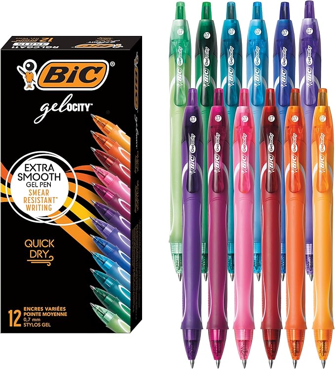 BIC Gelocity Quick Dry Assorted Colors Gel Pens, 12-Count Pack, 0.7 mm