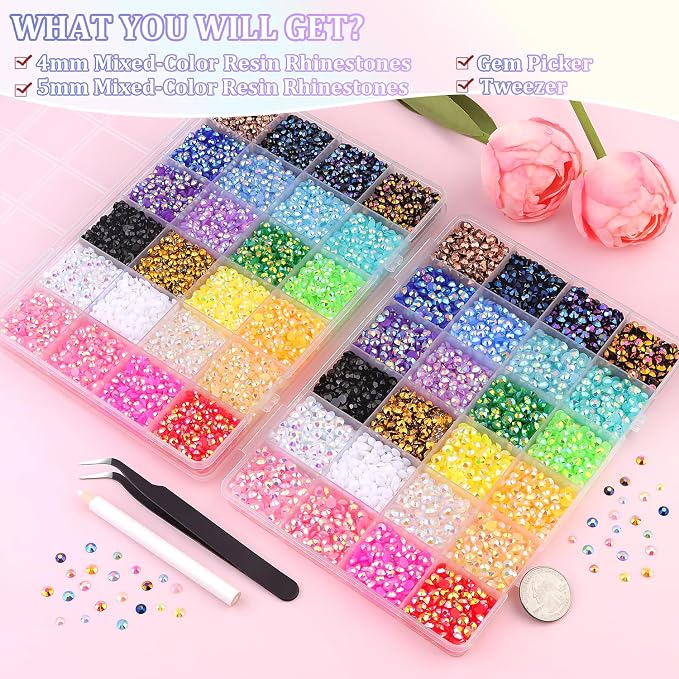2 Boxes Jelly Rhinestones for Bedazzling, 19200Pcs 4mm & 5mm Multicolor Flatback Resin Gems for Crafting, Bedazzler Kit with Tweezer for DIY Crafts Book Fabric Decor Nail Art