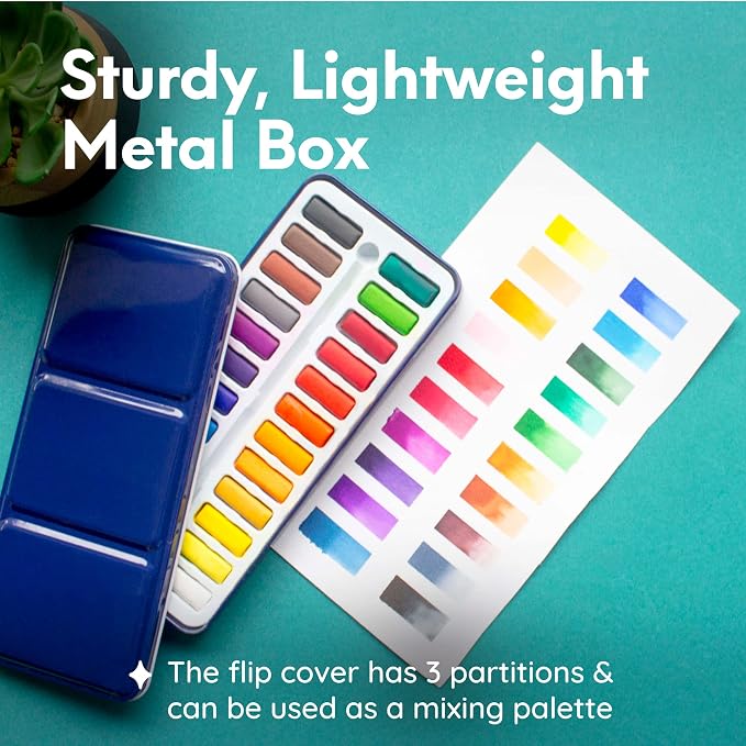 MozArt Supplies Watercolor Paint Essentials Set - Lightweight and Portable Metal Box - Lid Has 3 Partitions for Color Mixing - Easy-to-Blend Non-Toxic Formulation - 24 Vibrant Colors with Paintbrush | Non-Toxic Blendable Watercolor Kit – 3-Partition Mi...