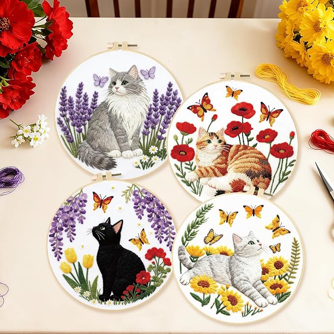 BEUNITONE 4 Set Embroidery Kit for Beginners, Cat and Butterfly Pre-Stamped Pattern Needlepoint Kits for Adults with Hoop and Instruction, Cute Hand Embroidery Patterns for Cloth and Home Decor