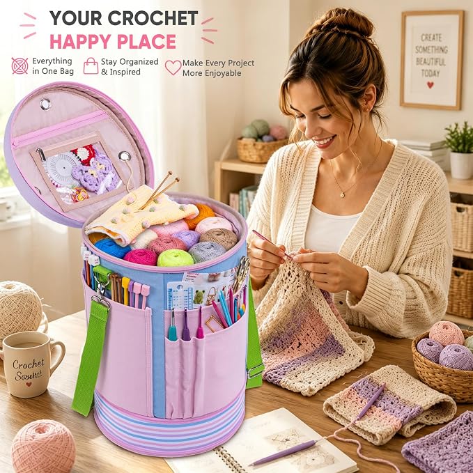 Canvas Yarn Storage Organizer with Removable Dividers, Crochet&Knitting Bag | Expandable canvas yarn organizer with removable dividers, yarn feed holes, project storage and multiple tool pockets