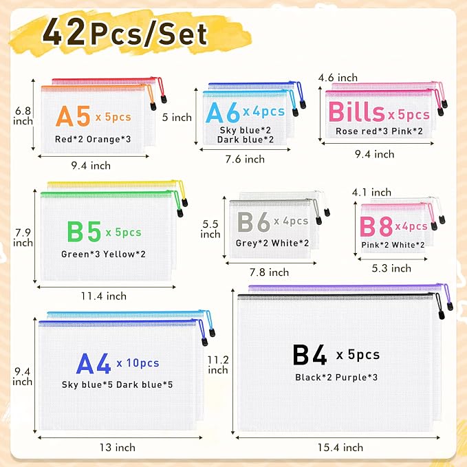 PAPEJOON 42pcs Mesh Zipper Pouch Bags, 8 Sizes Plastic zippered Storage Bags for Organizing, Clear Pouches with Zipper, Waterproof Mesh Pouch for Office Supplies, Home Organize, Travel Storage