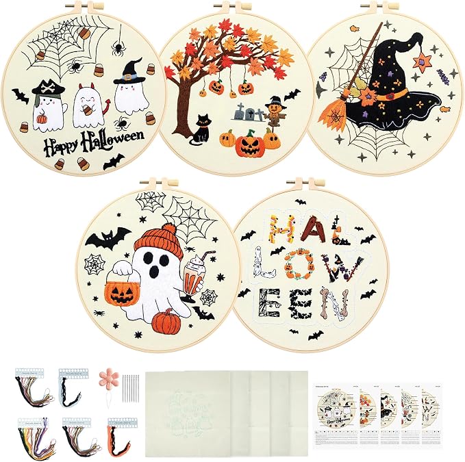 ElasignShopo 5 Sets Halloween Embroidery Kit for Adult Beginners Pumpkin Bat Embroidery Starter Kit Halloween Cross Stitch Kits Needlepoint Kits Includes Instruction 2 Hoops Color Threads Needles