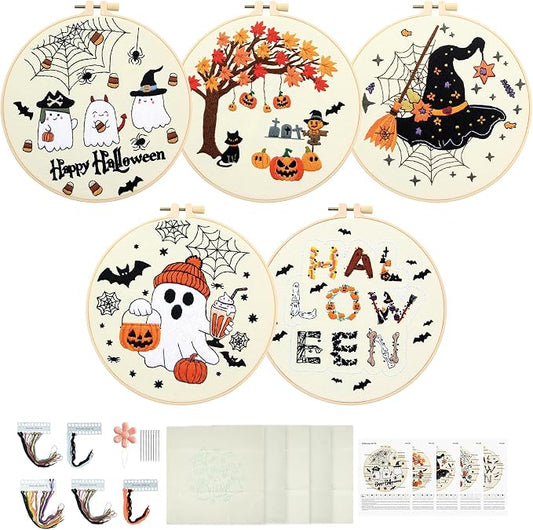 ElasignShopo 5 Sets Halloween Embroidery Kit for Adult Beginners Pumpkin Bat Embroidery Starter Kit Halloween Cross Stitch Kits Needlepoint Kits Includes Instruction 2 Hoops Color Threads Needles