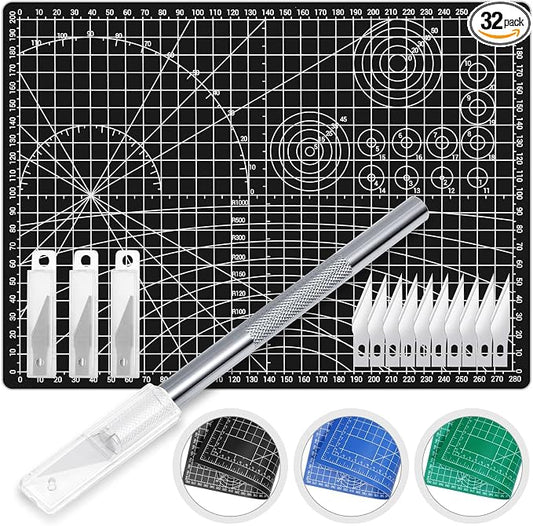 Anezus Exacto Knife with Hobby Mat for Crafts, Self Healing Cutting Mat Hobby Knife with 30 PCS Exacto Blades Precision Knife for Art and Crafts Paper Scrapbooking Stencil (Black)