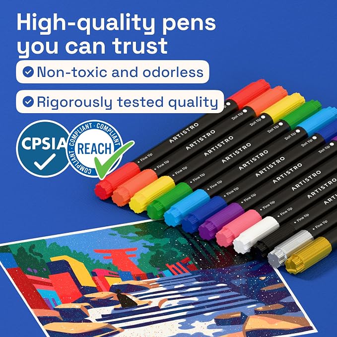 ARTISTRO Dual-Tip Acrylic Paint Marker Pens - Set of 12 | For Fabric, Rock, Glass, Wood, & Coloring Books, Arts & Crafts Gift, Classroom Must Haves & School Supplies (Dot & Fine Tips)