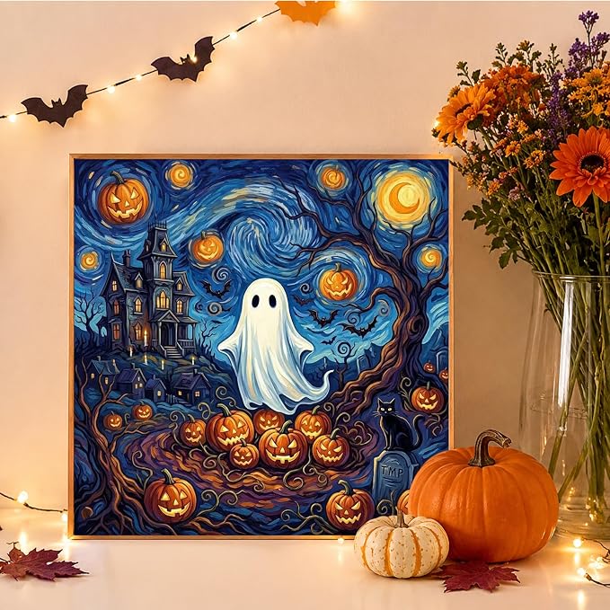 Mandun Halloween Ghost Paint by Numbers Kit for Adults, 16x16 inch | DIY Painting Kits Crafts for Adults, Relieve Stress, Frame Canvas, Wooden Easel, Gift Box, Home Wall Decor