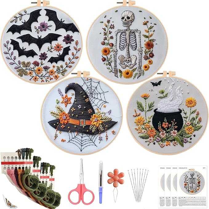 YOUDRN Halloween Embroidery Kit, 4 Set Halloween Cross Stitch Kit