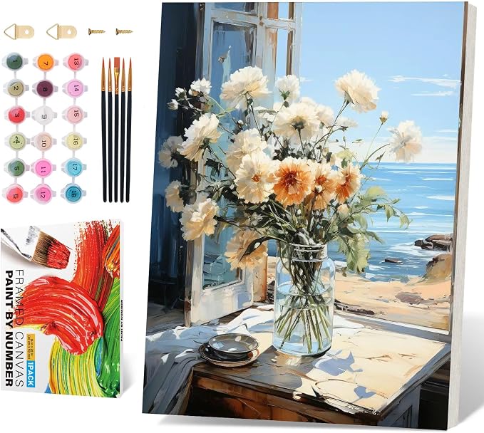 PRASIO Framed Paint by Numbers Kit for Adults Beginner, Flowers Adult Paint by Number Kits on Canvas Framed, DIY Acrylic Watercolor Oil Paint by Numbers with Frame for Gift Home Decor 16x20 Inch