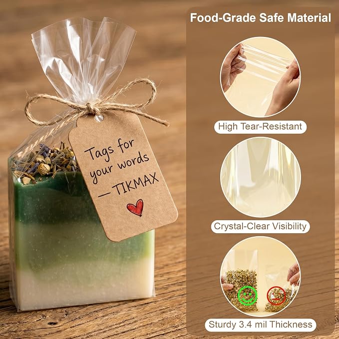 100 Pcs 4.7x7" Plastic Cellophane Bags & 65ft Jute Twine & 100 Pcs Writable Blank Kraft Paper Tags, Clear Goodie Treat Wrappers for Wrapping Homemade Soap Craft Gift Small Cookies Candy Snack Party Bakery Favors Wedding Christmas (Brown Tags)