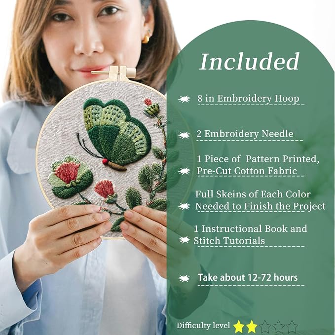 FONNUY Green Plants Embroidery Kit, Cross Stitch Kits for Beginners, Handmade Crafts with Printed Patterns for Beginner Adults, Easy to Follow Color Thread Needlework, 8'' Hoop (Butterfly)