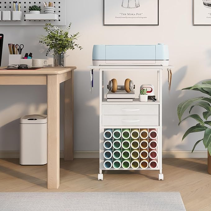 VENNQD Organizer and Storage Stand Compatible with Cricut Machines,Rolling Storage Cart/Shelf with 24 Vinyl Roll Holders，2 Fabric Drawer,Accessories Holder,Tool Hook for Craft Room Home (white)