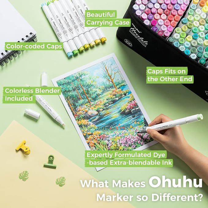 Ohuhu Alcohol Markers 320 Colors Brush& Chisel for Adults Cozy Coloring | AP Certified Refillable Art Marker, Dual Tips Alcohol-based Drawing Markers for Artist Beginner Illustration Sketch, Honolulu