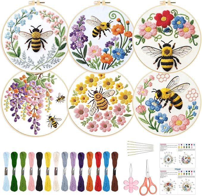 ORIGACH 6 Pack Bees & Flowers Embroidery Kits for Beginners, DIY Starter Hand Embroidery Kit with Floral & Bees Patterns and Instructions for Adults Women Crafting