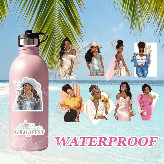 Black Girl Decal Sticker Book for Water Bottle: 260+ WaterProof Vinyl Motivational Stickers for Black Teen Girls & Women, 24 Pages for Journaling, Scrapbooking, Laptop, Self-Care & Inspirational Decor
