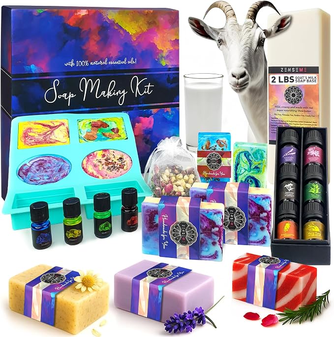 Soap Making Kit for Adults, Make Your Own Soap with Melt & Pour - DIY | Gentle soap supplies 6 Essential Oils Silicone Soap Mold Spoon Dried Flowers 1.5lbs Goats Milk Soap Base, 4 Dyes, Labels