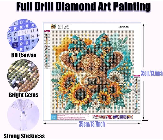 Baipisan Highland Cow Diamond Art Painting Kits for Adults, Full Drill Diamond Dots Paintings for Beginners, Round 5D Paint with Diamonds Pictures Gem Art Painting Kits DIY Crafts Kits 14x14inch