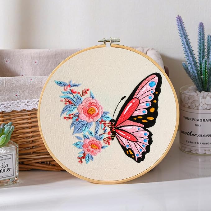 Santune 3 Pack Embroidery Kit for Beginners Adults Cross Stitch Kits with Butterfly Patterns and Instructions,DIY Hand Crafts with 1 Hoop,Threads and 6 Needles