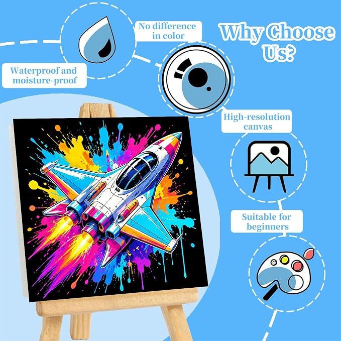 Arttoplus 4 Pack Paint by Numbers Kit for Kids with Frame Spaceship 8x8in | Cool Spaceship Kids Paint by Numbers Ages 4-8-12 with Wooden Easel, Outer Space Easy Painting by number for Gift Home Decor