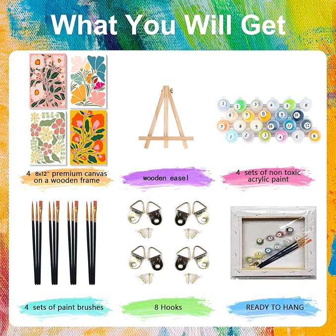 4 Pack Flower Paint by Numbers for Adults with Framed Canvas - Wooden Easel | Easy Flower Paint by Number for Beginners, Flowers Acrylic Oil Painting on Canvas with Brushes for Home Wall Decor 8x12 inch