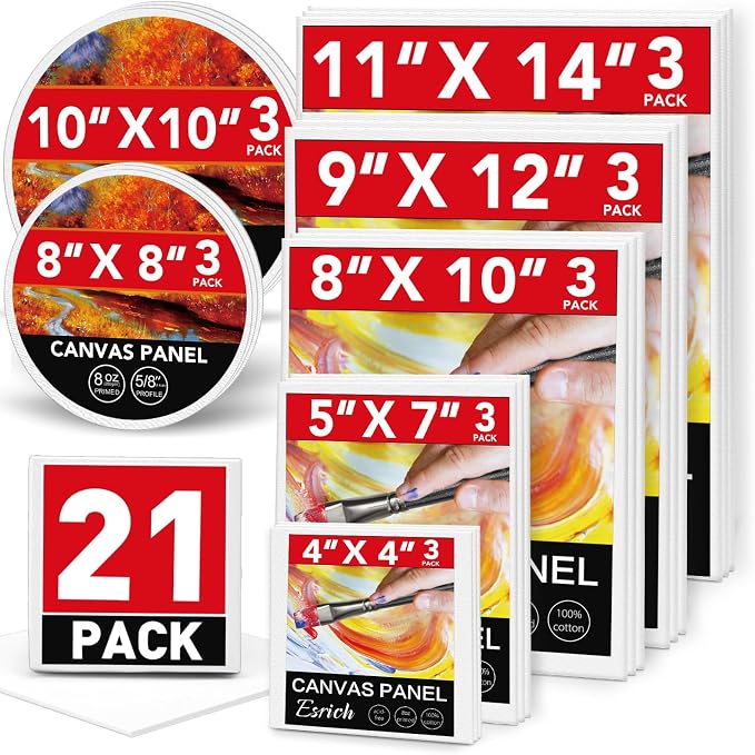 ESRICH Canvas Boards for Painting-21 Pack Blank Flat Canvas Boards-4x4, 5x7, 8x10, 9x12, 11x14, Round Canvas D8, D10, Cotton Primed Canvas Panels, Painting Canvas for Oil, Acrylic, Watercolor.