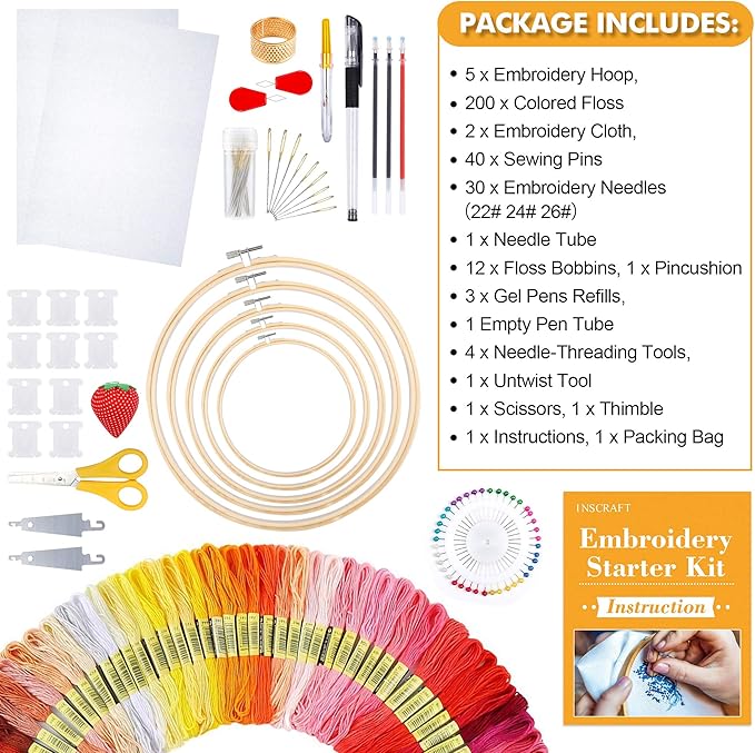 INSCRAFT 304 Pack Embroidery Kit, 200 Colors Threads, 5 Pcs Bamboo Embroidery Hoops, 2 Pcs Aida Cloth, Instructions, Bag and Cross Stitch Tools Set, Hand Embroidery Starter Kit for Beginners Adults
