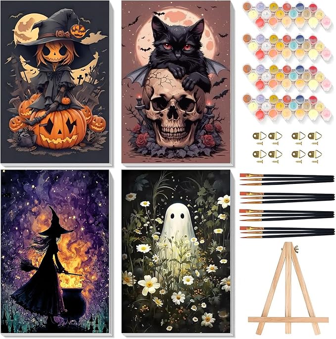 Halloween Paint by Numbers for Adults with Framed Canvas - Wooden Easel | 4 Pack Paint by Number on Canvas, DIY Halloween Acrylic Oil Painting Kits with Brushes for Home Wall Decor (8x12 inch)